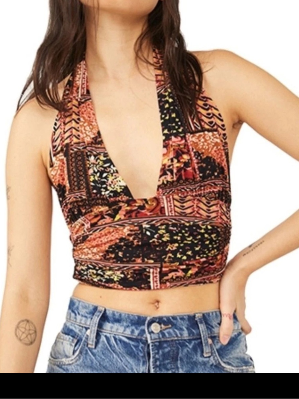 NWT Free People Heather Printed Plunge Halter Top Women's Size Small